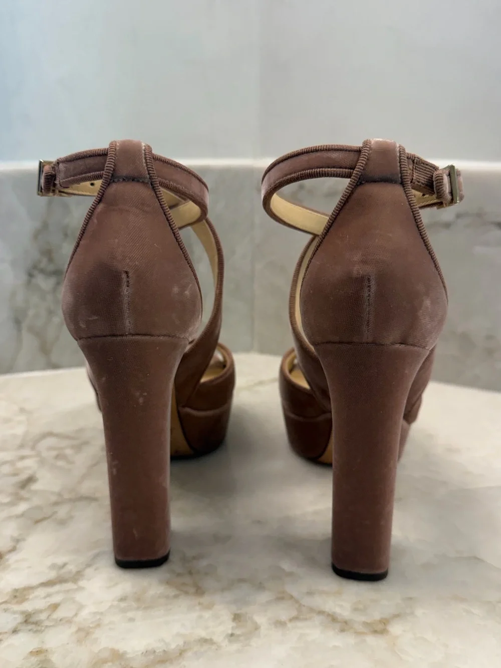 Jimmy Choo April Cross Mauve Pink Velvet Platform Sandal
